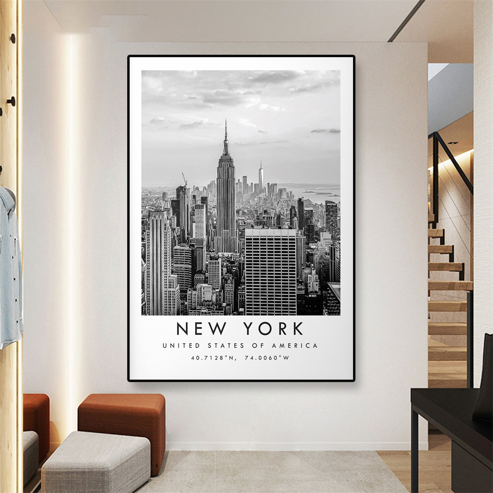 Affiche imprimée de voyage de New York en noir et blanc, peinture sur toile artistique murale unique, coordonnées minimalistes, décoration d'intérieur n° 1