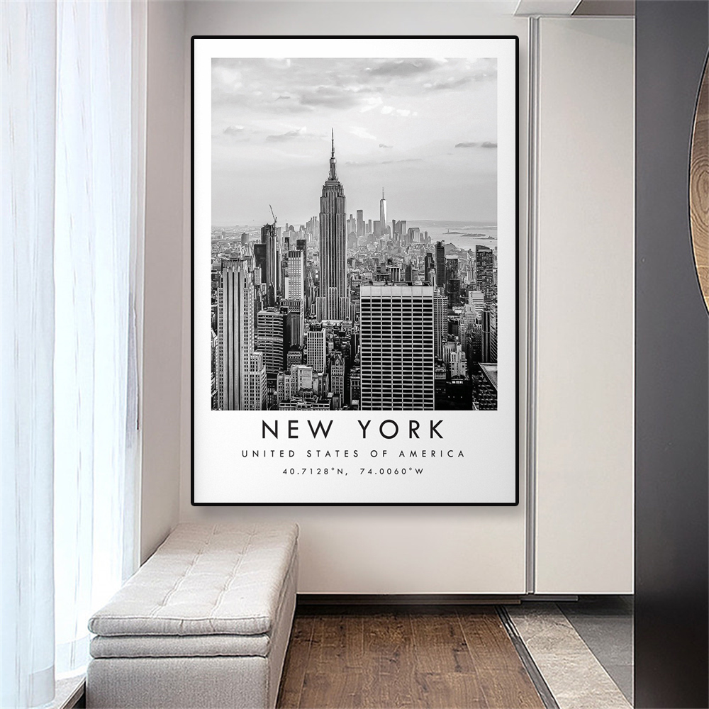 Affiche imprimée de voyage de New York en noir et blanc, peinture sur toile artistique murale unique, coordonnées minimalistes, décoration d'intérieur n° 2