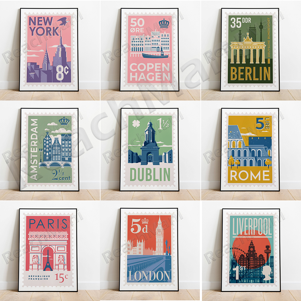 Horizon de la ville de Londres, New York, Amsterdam, Copenhague, Paris, Berlin, Rome, affiche de construction du foie de Liverpool, cadeau de voyage n° 1