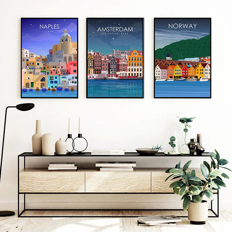 Affiche imprimée de paysage de ville de voyage de renommée mondiale, peinture sur toile, art mural de tourisme pour chambre, décoration d'intérieur, Le Caire, Naples, Madère, Rimini n° 2