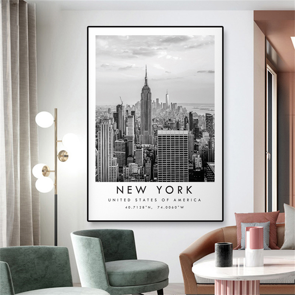 Affiche imprimée de voyage de New York en noir et blanc, peinture sur toile artistique murale unique, coordonnées minimalistes, décoration d'intérieur n° 3