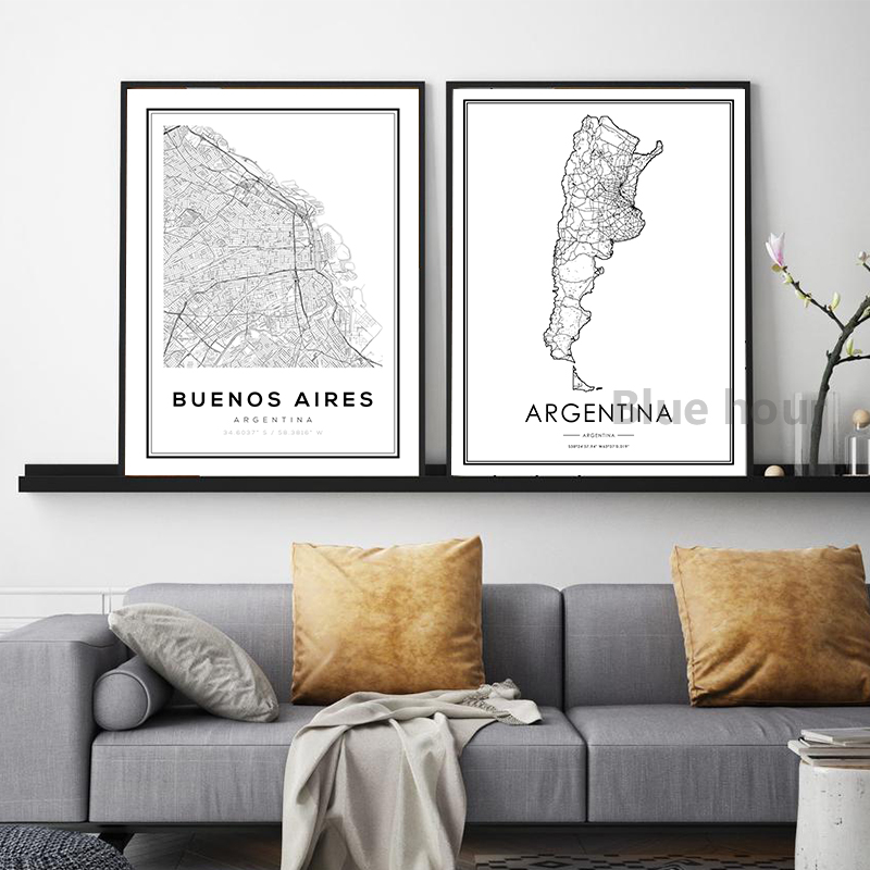 Affiches et impressions de carte routière de la ville de Buenos Aires d'Argentine, art mural minimaliste moderne en noir et blanc, peinture sur toile, décor de chambre à la maison n° 5