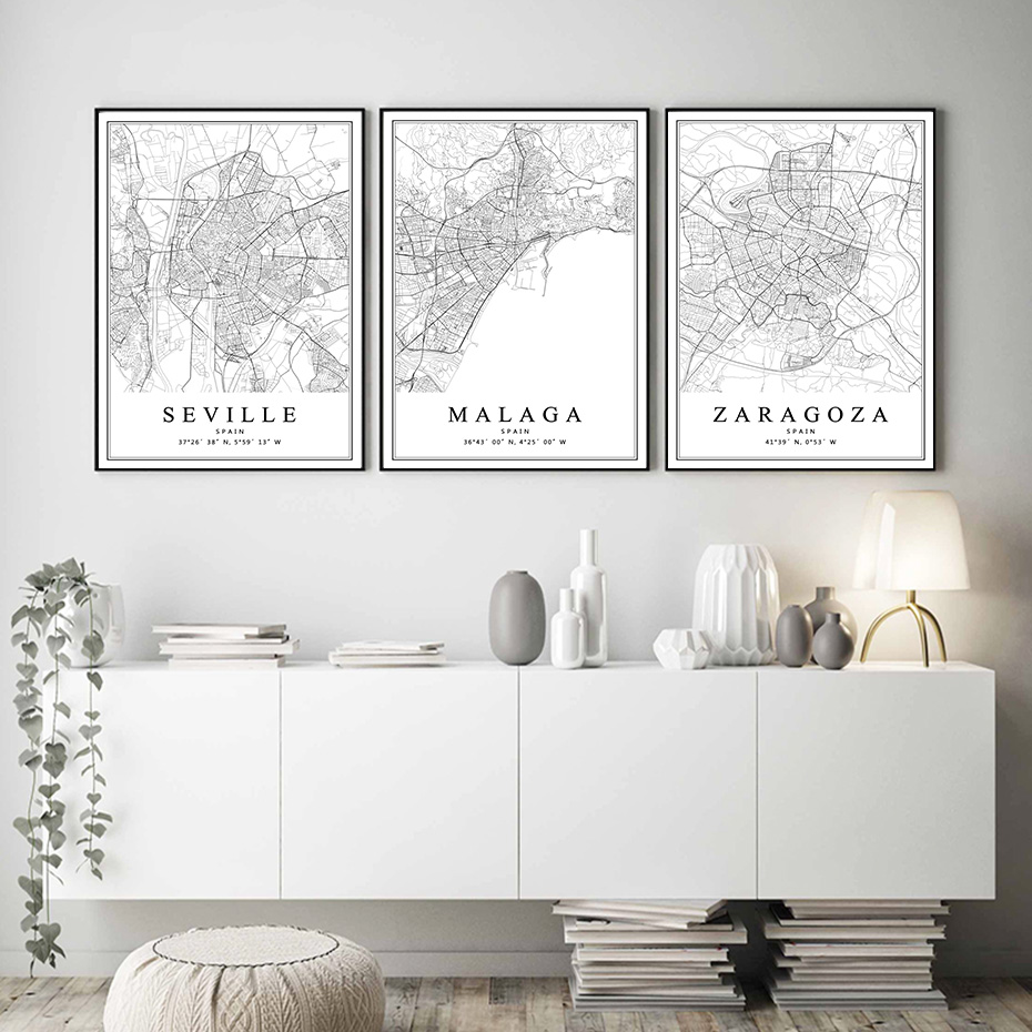 Carte de la ville d'Espagne, Barcelone, Madrid, Malaga, Séville, Valence, Saragosse, Affiches sur toile, Customs Wall Art Prhonneur, Home Interior Decor n° 2