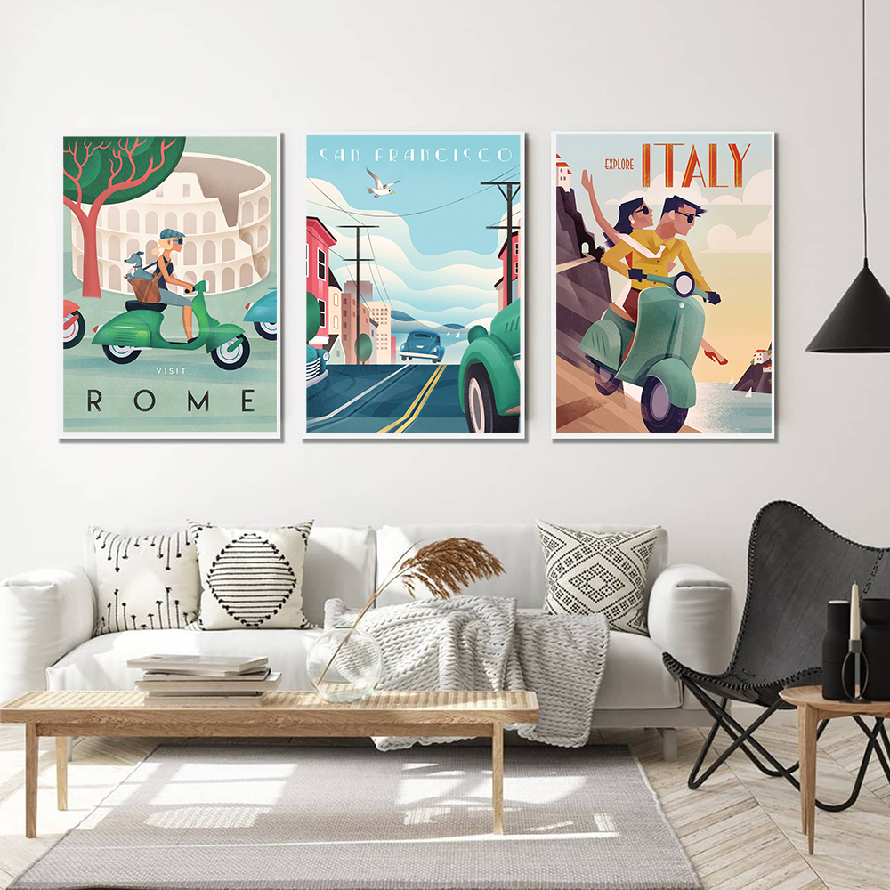 Vintage World Famous Attractions City Posters and Prhonneur, Italie Rome Hawaii Canvas Painting, Wall Art for Living Room Home Decor n° 3