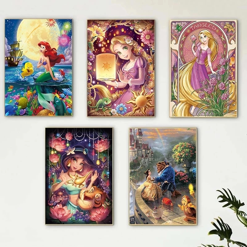 Peinture sur toile Disney pour enfants, dessin animé, princesse, gérer pour la décoration murale, LED plus riche, Raiponce, la petite sirène, affiches et impressions n° 2