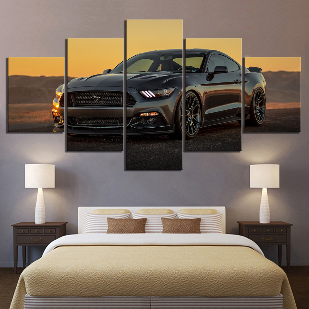 Affiche décorative de voiture de luxe HD, image de Ford Mustang noire, paysage des douanes, toile d'art mural, 5 pièces n° 2