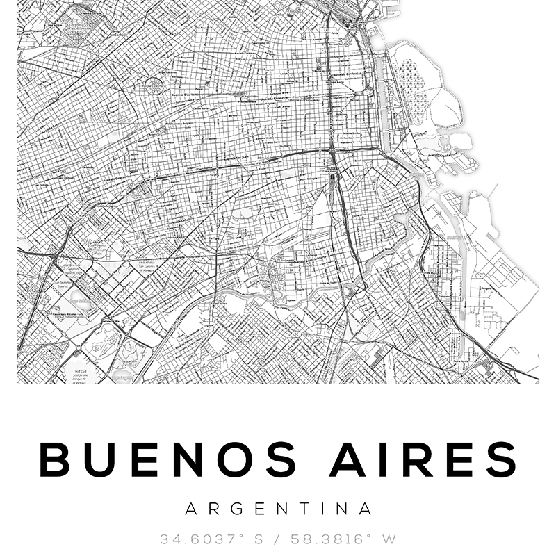 Affiches et impressions de carte routière de la ville de Buenos Aires d'Argentine, art mural minimaliste moderne en noir et blanc, peinture sur toile, décor de chambre à la maison n° 2