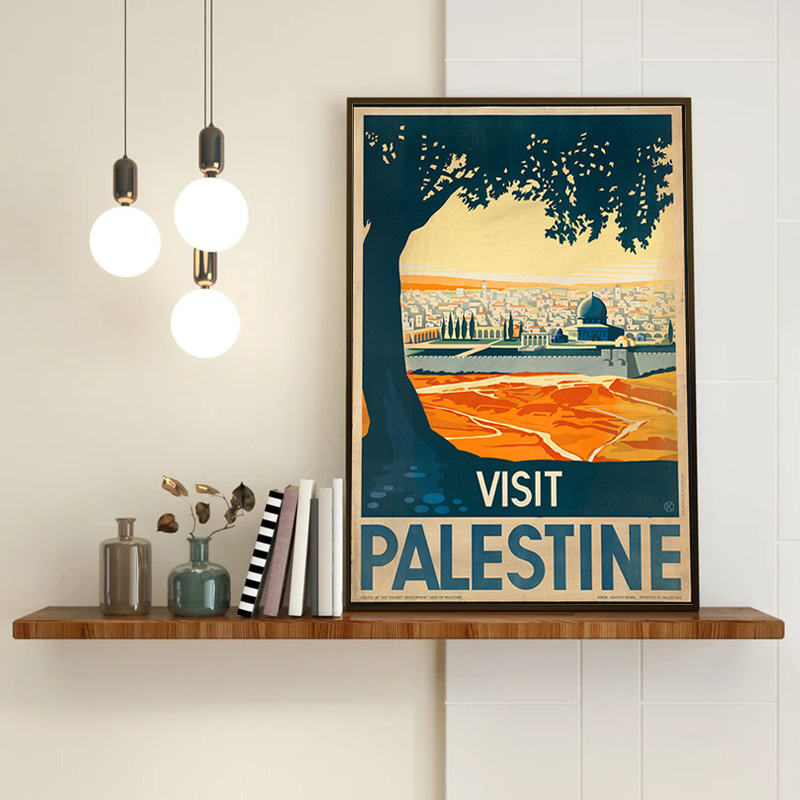 Affiche vintage de voyage en Palestine, peinture sur toile, carte de la Palestine, impressions d'art mural, image en noir et blanc, décoration de bureau et de maison n° 1