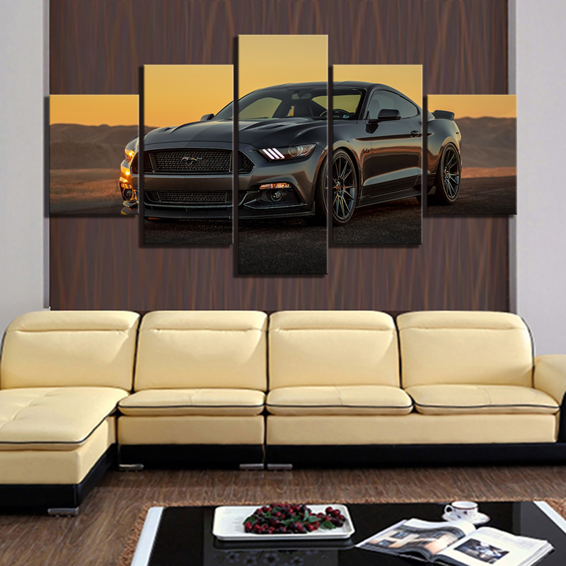 Affiche décorative de voiture de luxe HD, image de Ford Mustang noire, paysage des douanes, toile d'art mural, 5 pièces n° 1