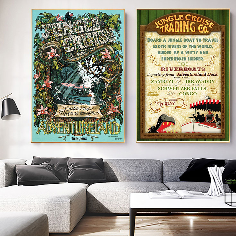 Affiche vintage de carte de croisière de la jungle de Disneyland, monde de Disney, royaume magique, peinture sur toile de Adventureland, art de mur, décor à la maison n° 5