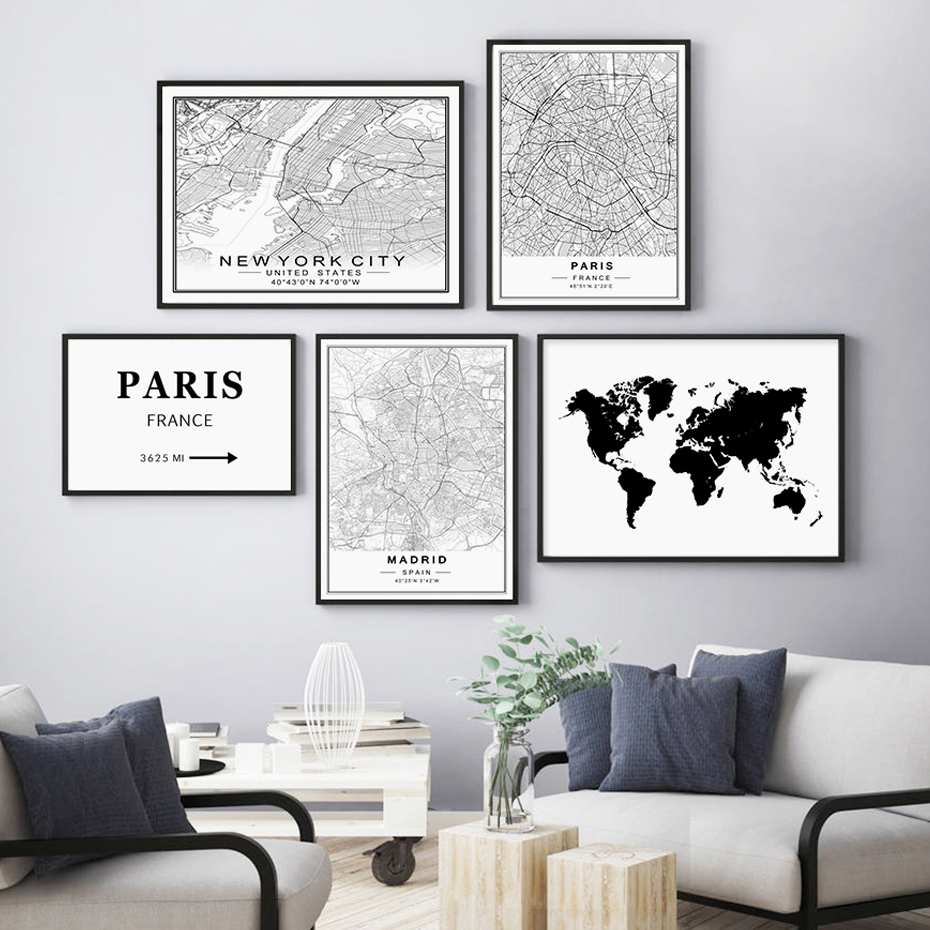 Affiche personnalisée sur toile avec cartes de villes du monde, Paris, dubaï, New York, peinture imprimée en noir et blanc, tableau d'art mural, décoration intérieure n° 1