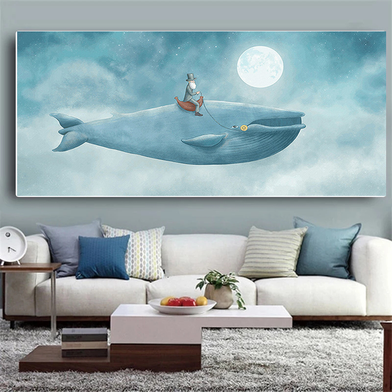 Peinture sur Toile de Baleine Bleue et Enfant, Affiches et Imprimés de Dessin Animé Moderne, Décor de Maison, Image Murale pour Chambre d'Enfant n° 4