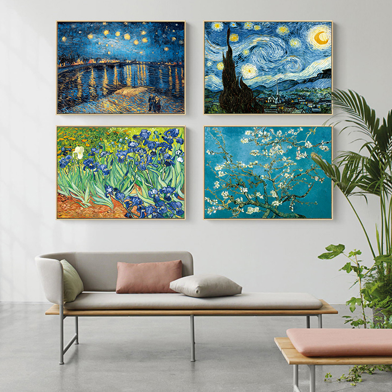 Peinture à l'huile Van Gogh, célèbre artiste, ciel étoilé, Iris, fleur, lever du soleil, paysage, toile, affiche imprimée, photo, décoration murale n° 1