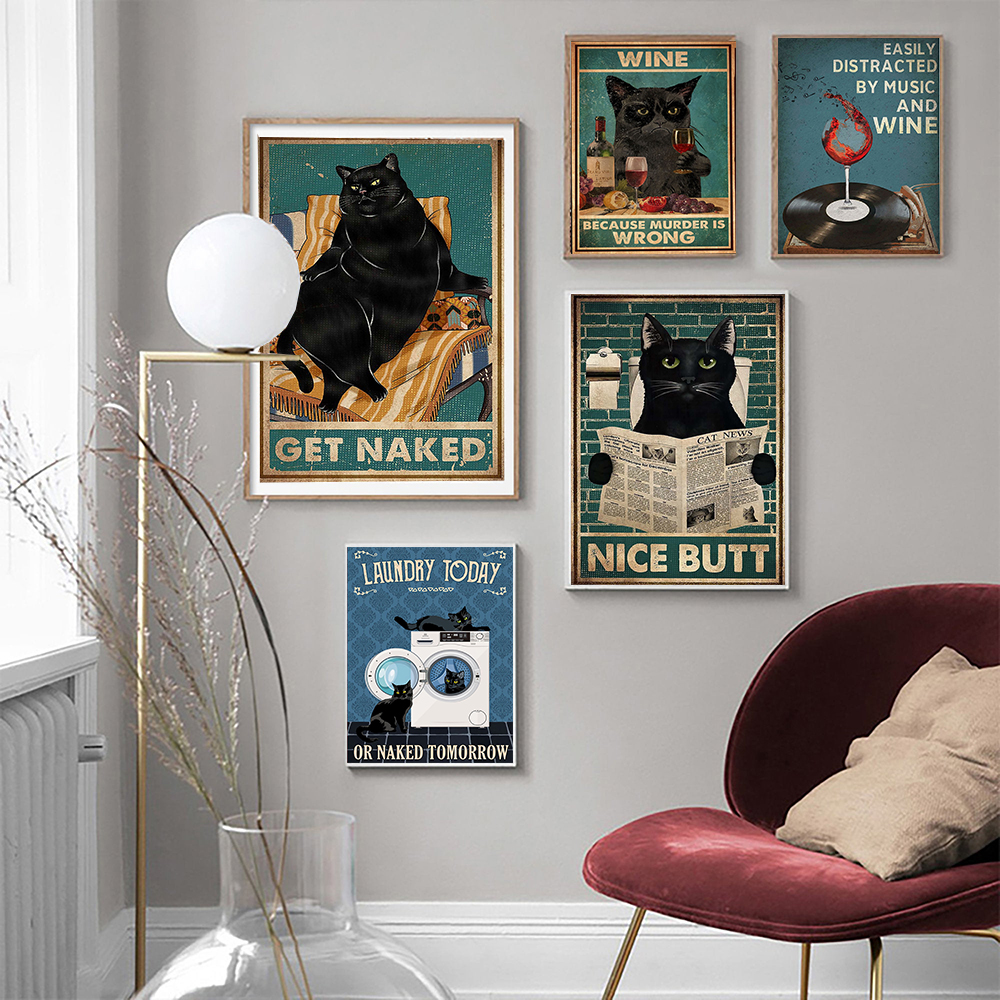 Affiche de chat noir vintage pour la décoration de la chambre, se faire nu, serviette de toilette drôle, peinture de cuisine, art mural Kawaii, affiche sur toile n° 2