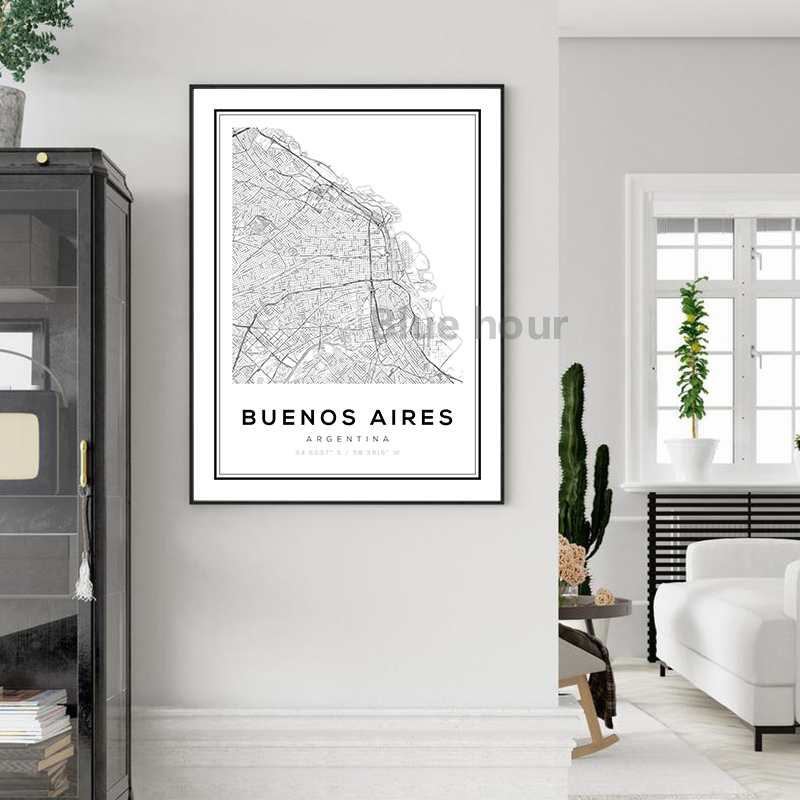 Affiches et impressions de carte routière de la ville de Buenos Aires d'Argentine, art mural minimaliste moderne en noir et blanc, peinture sur toile, décor de chambre à la maison n° 3