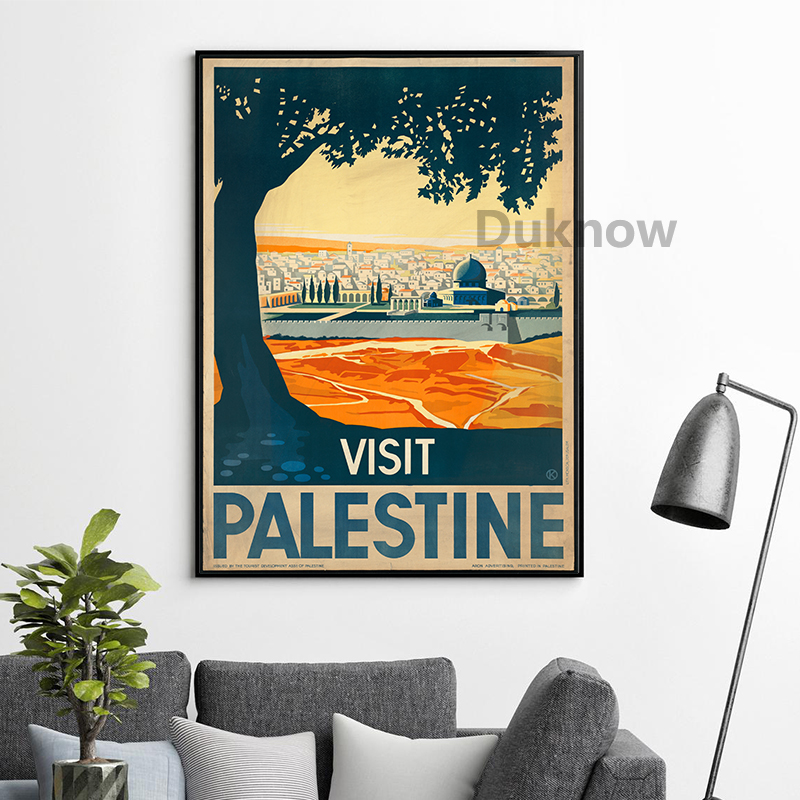 Affiche vintage de voyage en Palestine, peinture sur toile, carte de la Palestine, impressions d'art mural, image en noir et blanc, décoration de bureau et de maison n° 3