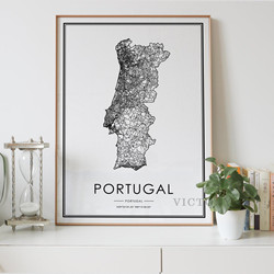 Affiche carte du Portugal pays noir blanc, décoration nordique de salon, ligne de route, peinture imprimée sur toile, décoration de maison moderne, Art small picture n° 1