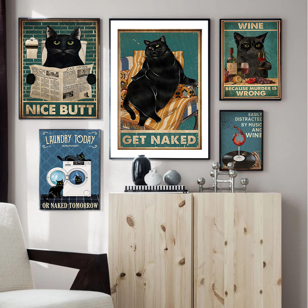 Affiche de chat noir vintage pour la décoration de la chambre, se faire nu, serviette de toilette drôle, peinture de cuisine, art mural Kawaii, affiche sur toile n° 3