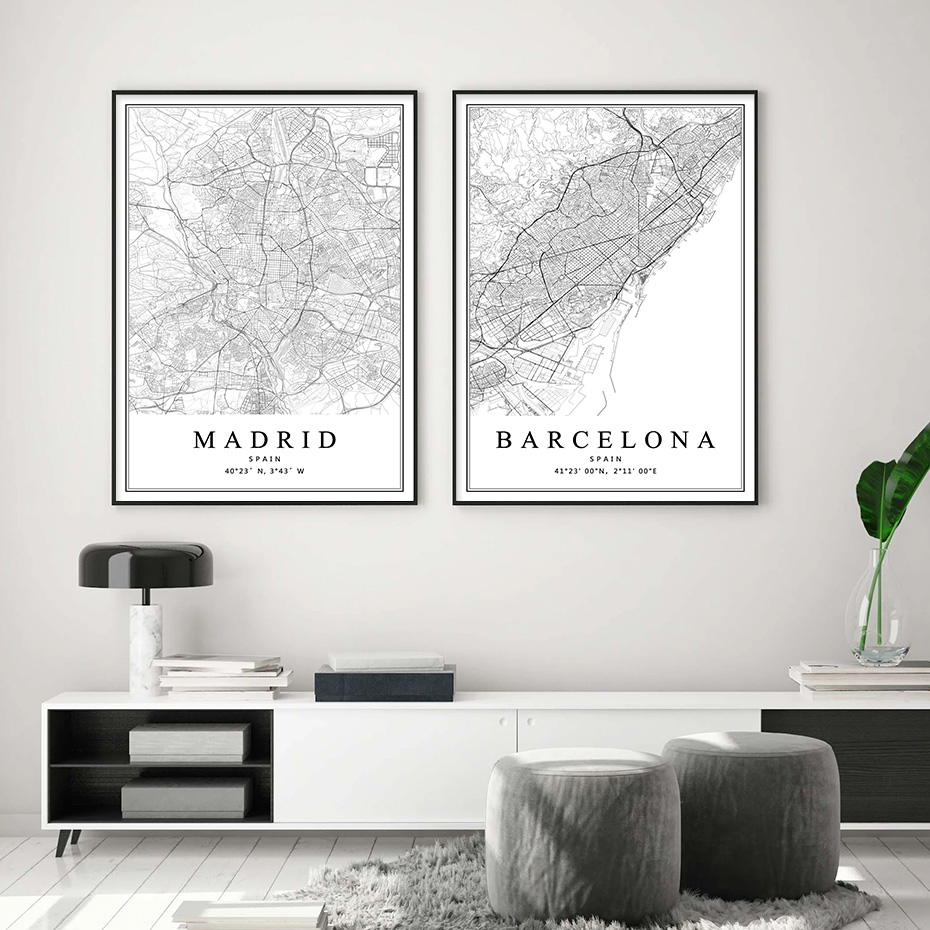 Carte de la ville d'Espagne, Barcelone, Madrid, Malaga, Séville, Valence, Saragosse, Affiches sur toile, Customs Wall Art Prhonneur, Home Interior Decor n° 3