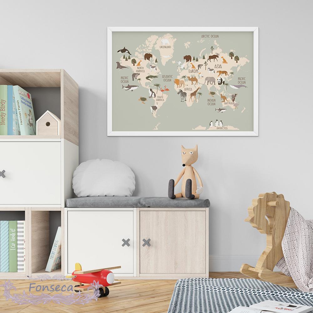 Mignon Animal éducatif carte du monde photos enfants pépinière affiche Art mural toile peinture bébé enfant chambre à coucher salle de jeux décoration de la maison n° 4