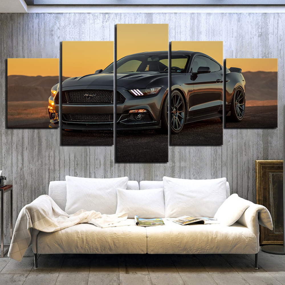 Affiche décorative de voiture de luxe HD, image de Ford Mustang noire, paysage des douanes, toile d'art mural, 5 pièces n° 3