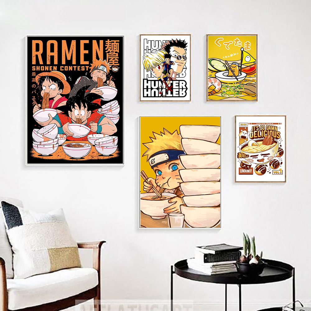 Affiche murale de dessin animé japonais, personnage de Ramen, peinture d'aliments mignons, rétro, décor de maison, salon, cuisine n° 3