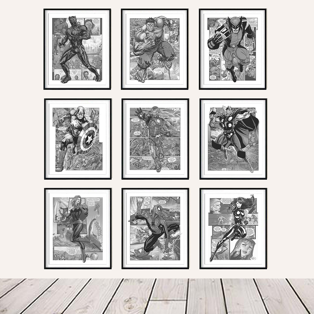 Affiche de Comics Avengers en Noir et Blanc, Toile Imprimée de Smile Hero, Peinture, Anime, Art Mural, Décor de Chambre de Garçon n° 2