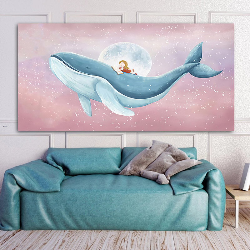 Peinture sur Toile de Baleine Bleue et Enfant, Affiches et Imprimés de Dessin Animé Moderne, Décor de Maison, Image Murale pour Chambre d'Enfant n° 1