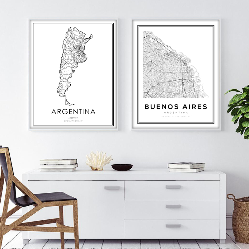 Affiches et impressions de carte routière de la ville de Buenos Aires d'Argentine, art mural minimaliste moderne en noir et blanc, peinture sur toile, décor de chambre à la maison n° 1