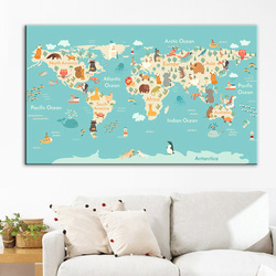 Toile d'Art Mural avec Carte du Monde, Dessin Animé, Océan, Animal, Affiches et Imprimés Nordiques, Décoration de Chambre d'Enfant small picture n° 5