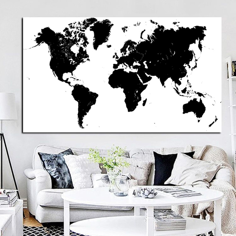 Peinture abstraite de grande taille en noir et blanc sur toile, carte du monde moderne, affiche murale imprimée, image d'art pour salon n° 2