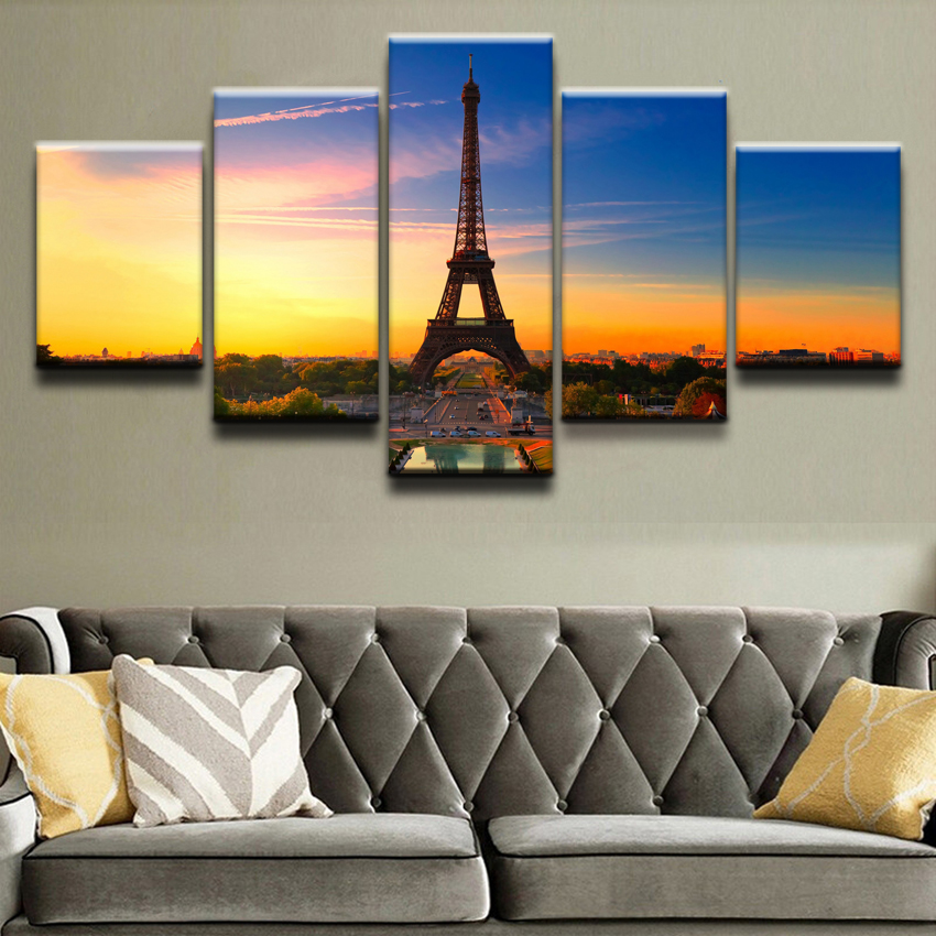 Toile Imprimée de Paysage Français, Tour Eiffel, Paris, Peinture Modulaire, Décor de Salon, Affiche de Chambre à Coucher, 5 Pièces n° 2