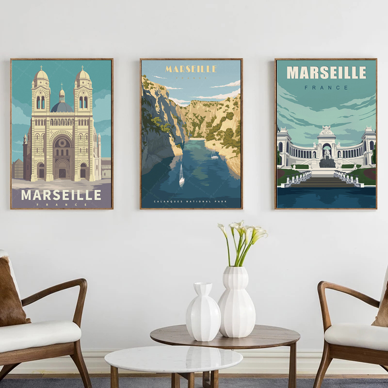 Affiche de voyage vintage France Marseille Calanques National Park, peinture sur toile, Art mural enduit Kraft, autocollant mural, décor à la maison n° 1