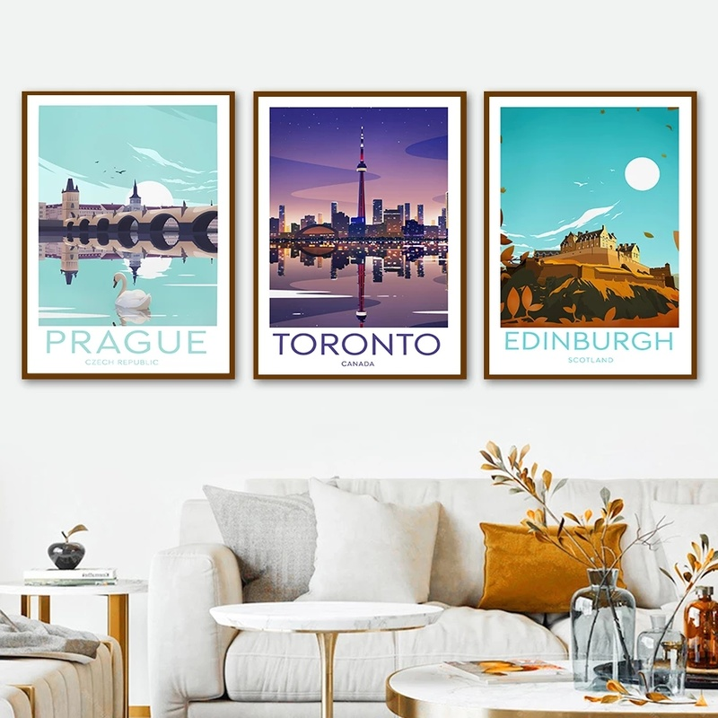 Affiches de peinture sur toile de paysage de ville du monde, Canada, Prague, Italie, Écosse, impressions d'art mural, photo de salon, décor à la maison n° 2