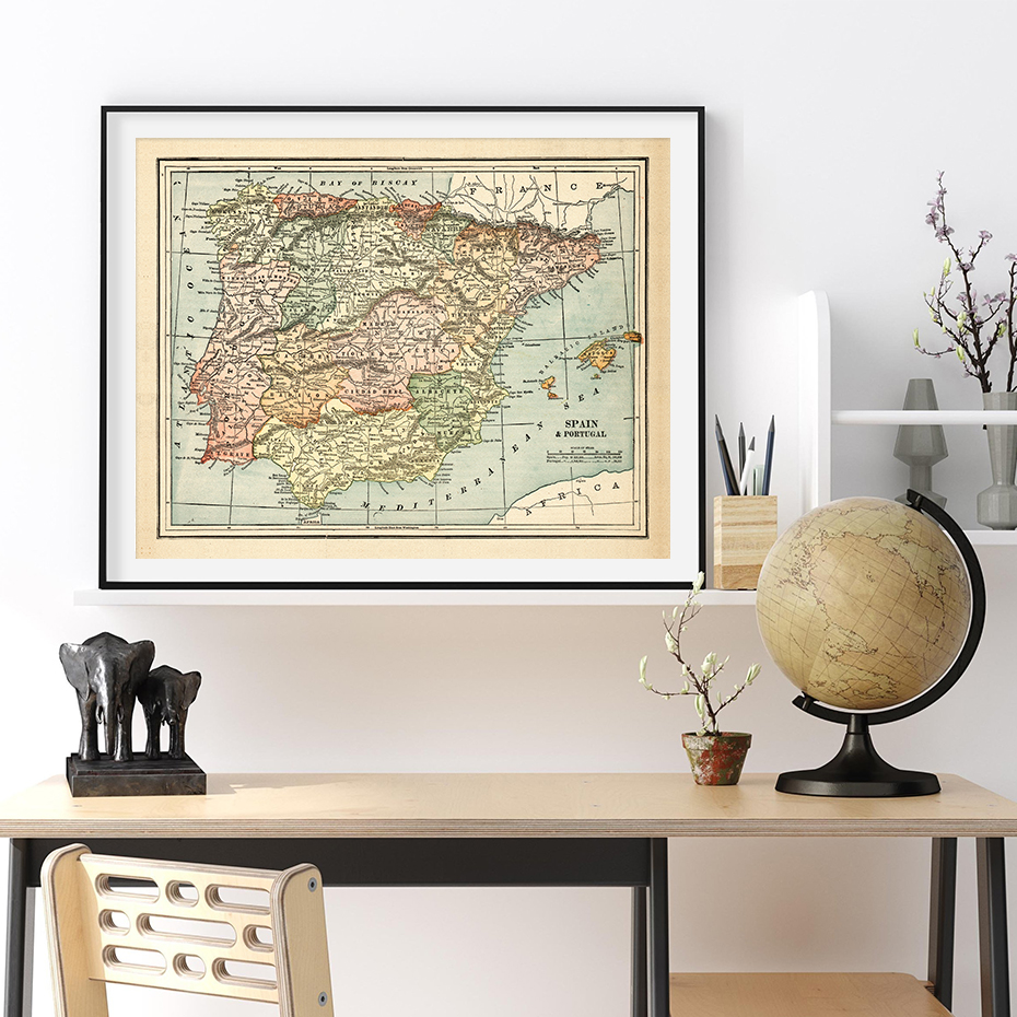 Affiches sur toile vintage avec carte de pays, Espagne, France, Portugal, peinture murale, image imprimée d'art pour salon, décoration intérieure de la maison n° 4