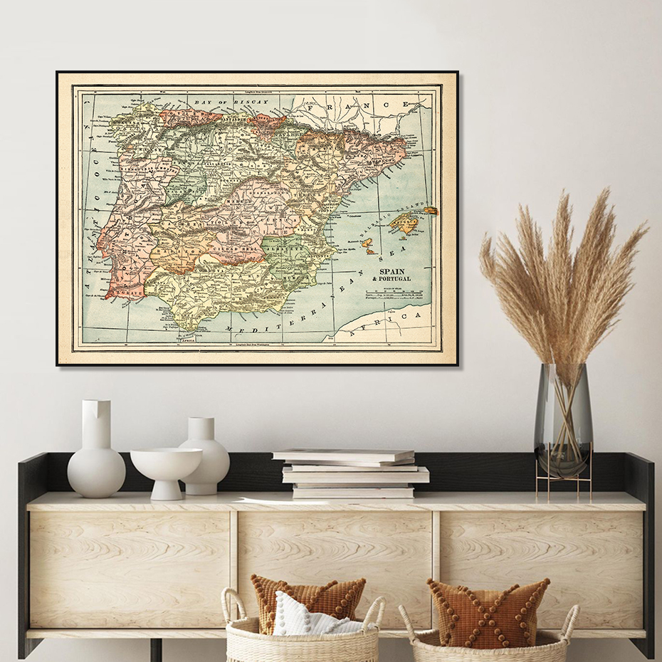 Affiches sur toile vintage avec carte de pays, Espagne, France, Portugal, peinture murale, image imprimée d'art pour salon, décoration intérieure de la maison n° 2