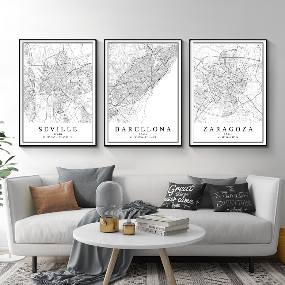 Carte de la ville d'Espagne, Barcelone, Madrid, Malaga, Séville, Valence, Saragosse, Affiches sur toile, Customs Wall Art Prhonneur, Home Interior Decor n° 1