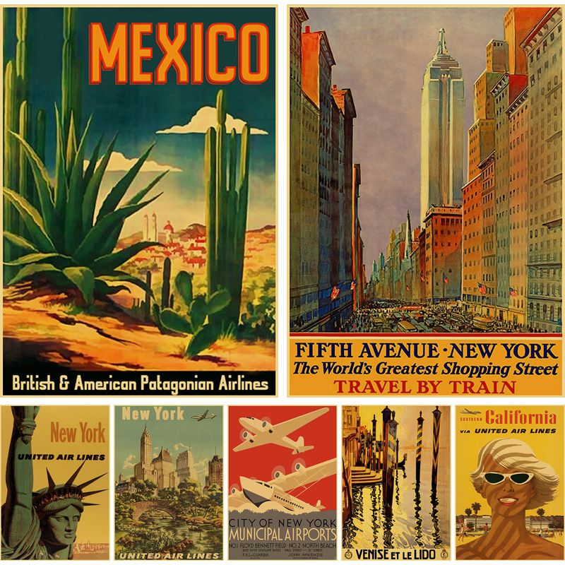 Affiches et imprimés rétro en papier Kraft, ville de New York, mexique, décoration de maison, Bar d'étude, peinture artistique, autocollants n° 1