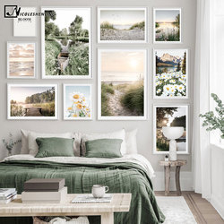 Toile de peinture nordique de lac de fleur de printemps, affiche scandinave de paysage de coucher de soleil, décoration murale small picture n° 1