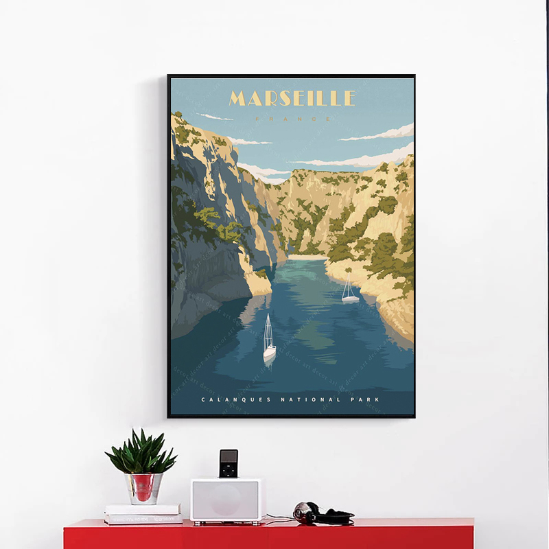 Affiche de voyage vintage France Marseille Calanques National Park, peinture sur toile, Art mural enduit Kraft, autocollant mural, décor à la maison n° 2