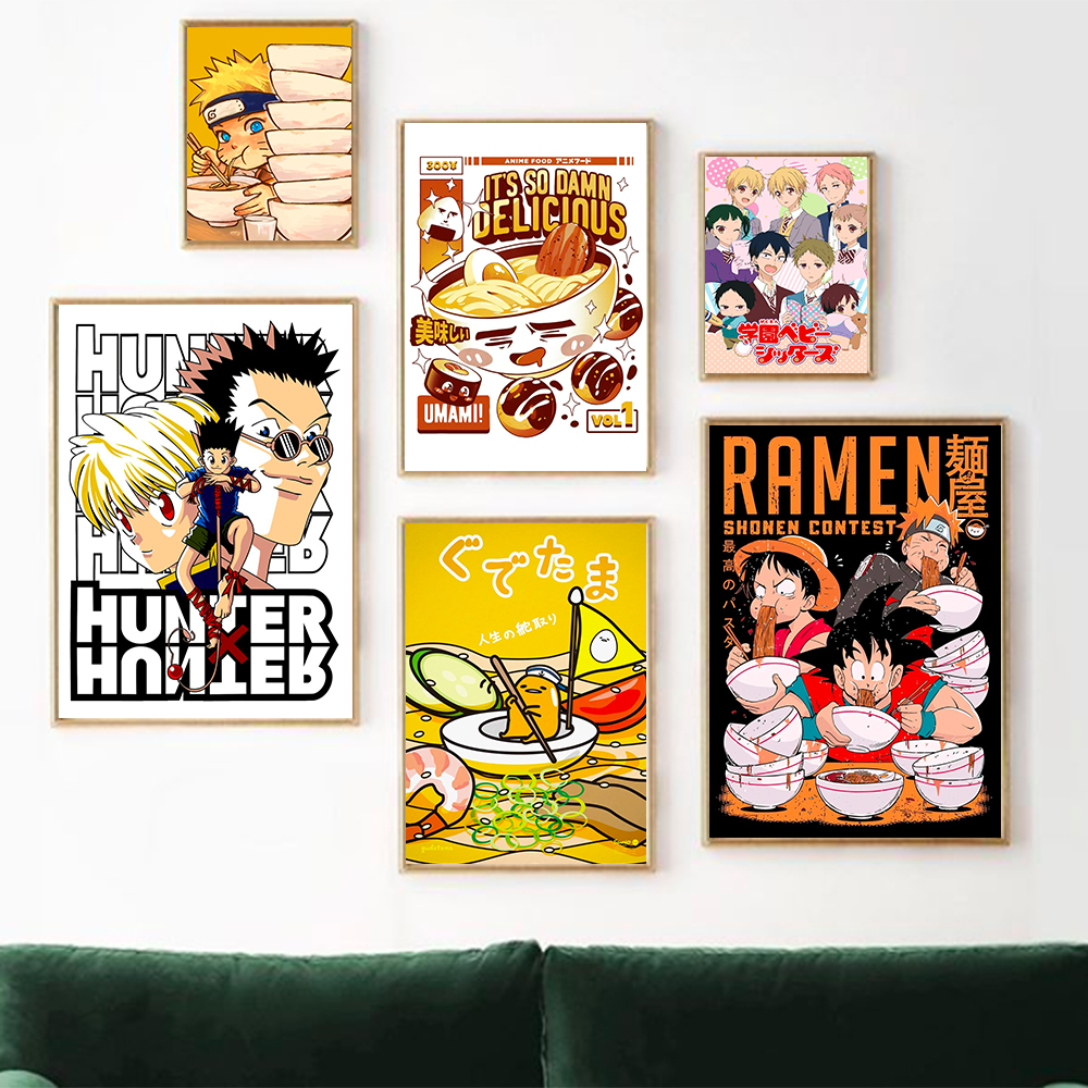 Affiche murale de dessin animé japonais, personnage de Ramen, peinture d'aliments mignons, rétro, décor de maison, salon, cuisine n° 2