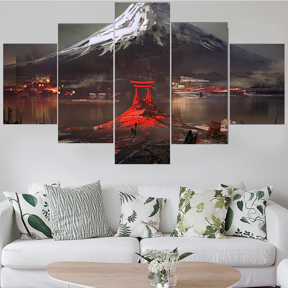 Peinture sur toile d'art mural, affiche de paysage, Mont Fuji, Japon, salon moderne, chambre à coucher, maison modulaire, décoration de gestion, 5 pièces n° 1