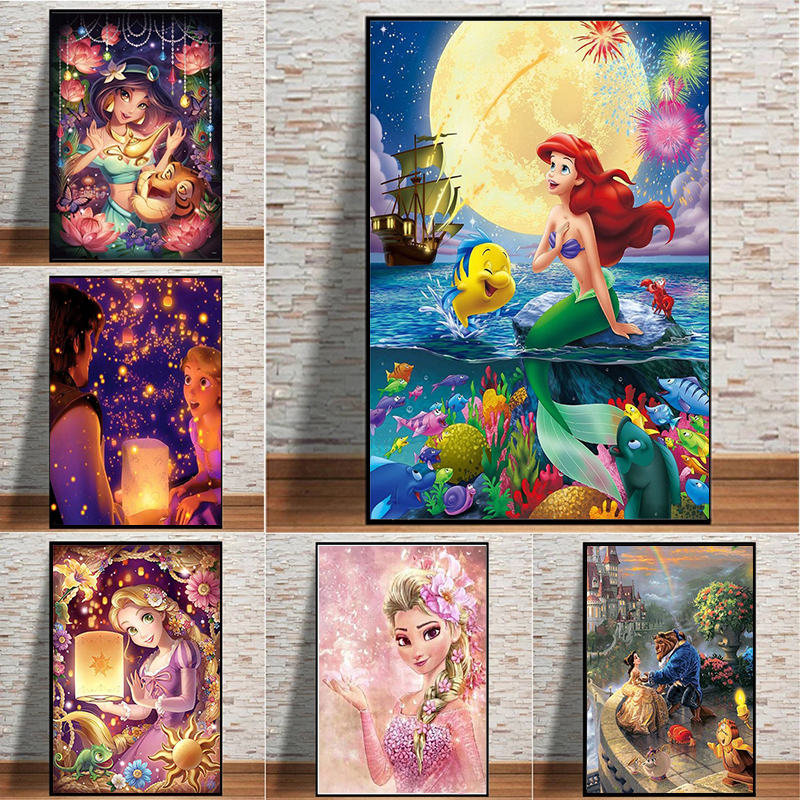 Peinture sur toile Disney pour enfants, dessin animé, princesse, gérer pour la décoration murale, LED plus riche, Raiponce, la petite sirène, affiches et impressions n° 1