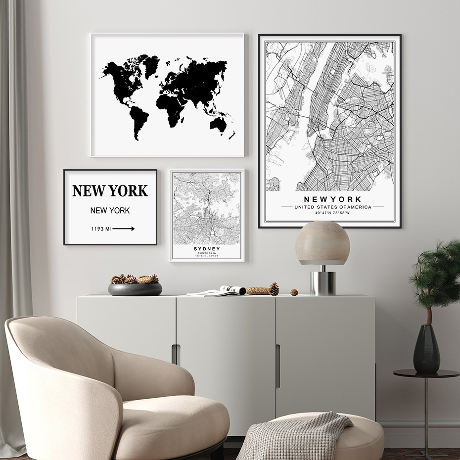 Affiche personnalisée sur toile avec cartes de villes du monde, Paris, dubaï, New York, peinture imprimée en noir et blanc, tableau d'art mural, décoration intérieure n° 2