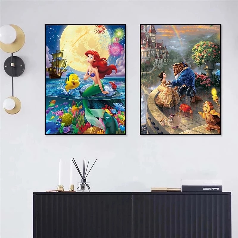 Peinture sur toile Disney pour enfants, dessin animé, princesse, gérer pour la décoration murale, LED plus riche, Raiponce, la petite sirène, affiches et impressions n° 4