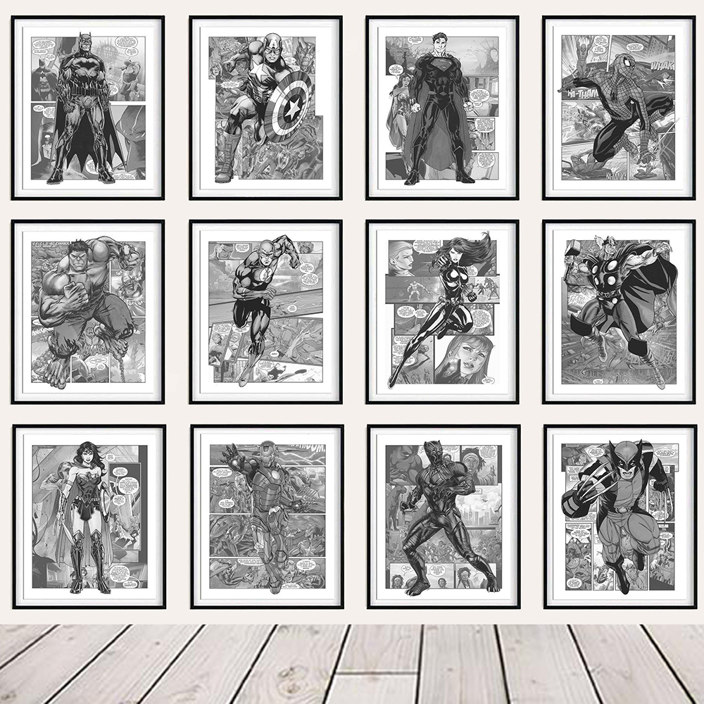 Affiche de Comics Avengers en Noir et Blanc, Toile Imprimée de Smile Hero, Peinture, Anime, Art Mural, Décor de Chambre de Garçon n° 1