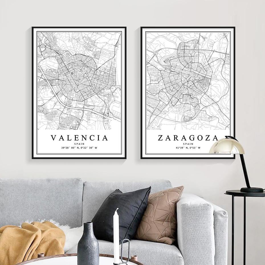 Carte de la ville d'Espagne, Barcelone, Madrid, Malaga, Séville, Valence, Saragosse, Affiches sur toile, Customs Wall Art Prhonneur, Home Interior Decor n° 4