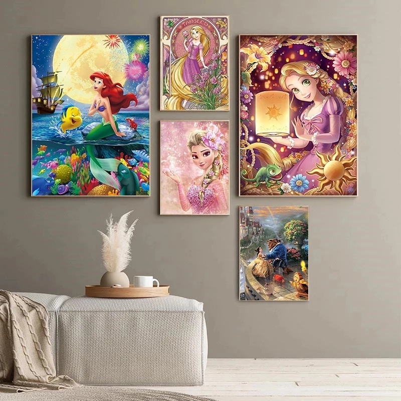 Peinture sur toile Disney pour enfants, dessin animé, princesse, gérer pour la décoration murale, LED plus riche, Raiponce, la petite sirène, affiches et impressions n° 3