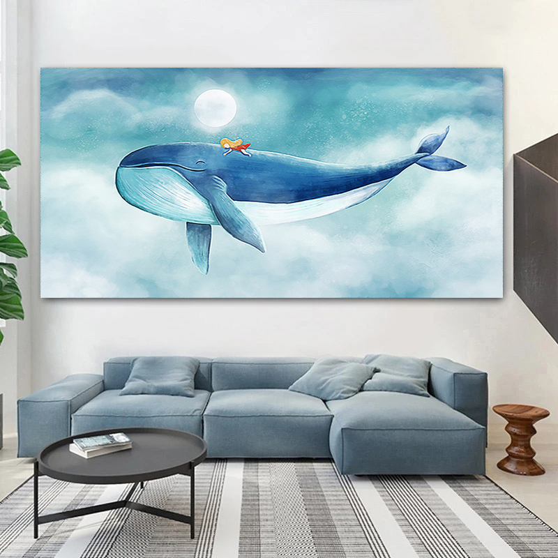 Peinture sur Toile de Baleine Bleue et Enfant, Affiches et Imprimés de Dessin Animé Moderne, Décor de Maison, Image Murale pour Chambre d'Enfant n° 2