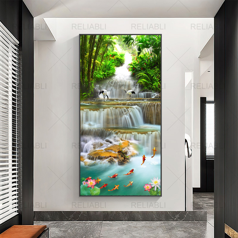 Nature Paysage Affiches et Gravures Moderne Cascade Arbre Lotus Image Toile Peinture Mur Art pour Salon Décoration de La Maison n° 1